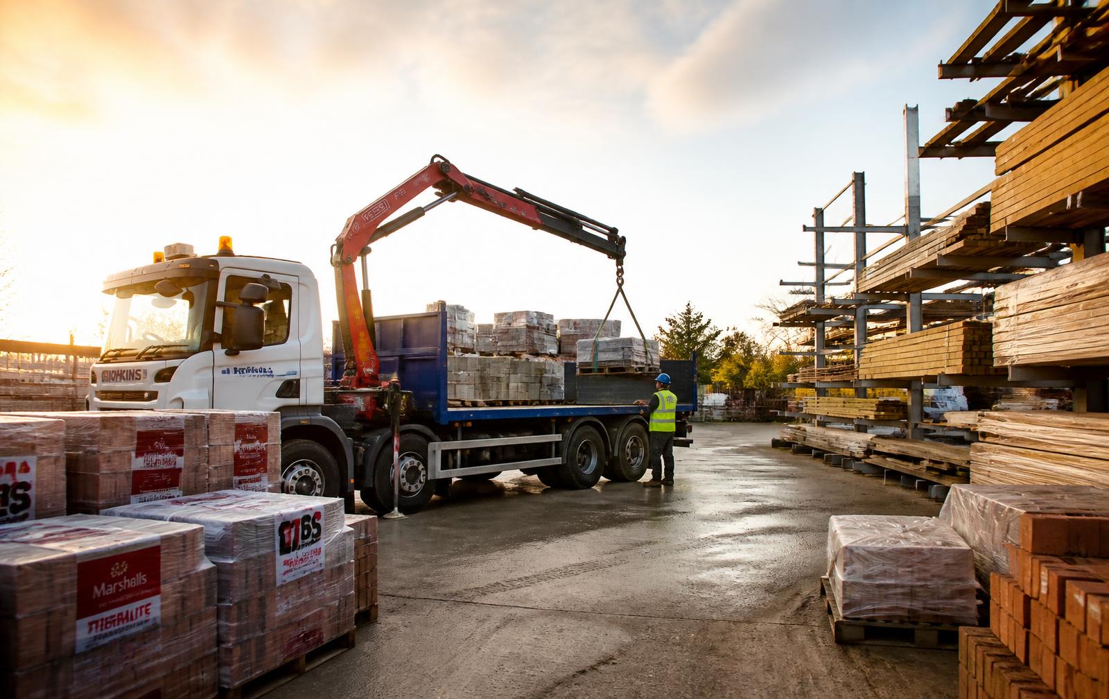Builders' merchant yard stacked with timber, bricks and aggregates